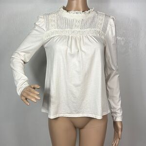 LOFT Cotton Blend Ivory Color Crochet Yoke Long Sleeve Top Size XS